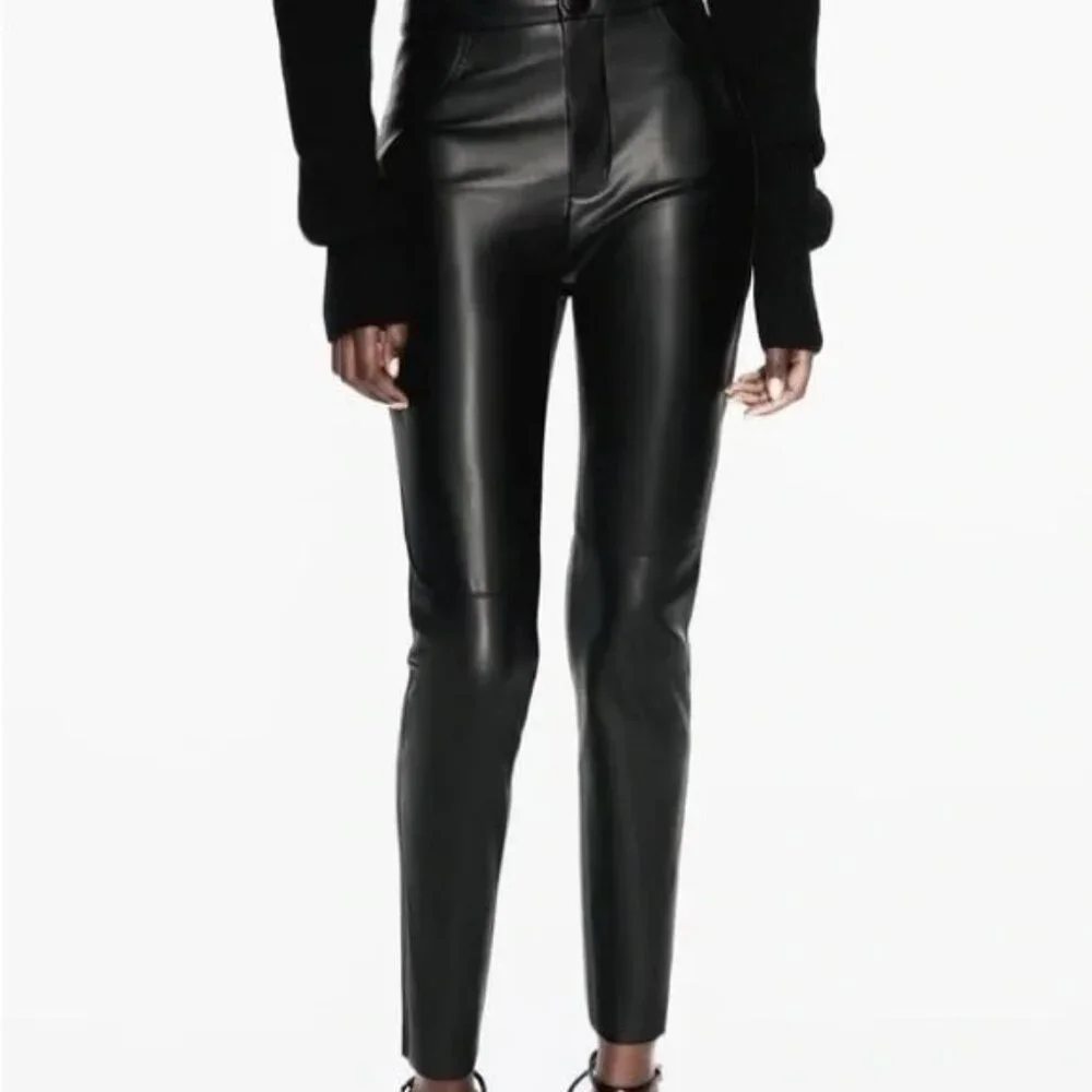 Zara Women's Skinny Black Faux Leather Pants with Ankle Zippers Medium - Picture 2 of 8